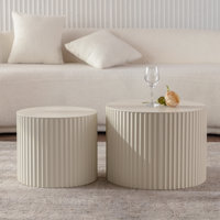 Beige Nesting Coffee Table Set Of 2, Modern Drum Design With Wave Stripe Pattern, Round End Table For Living Room Use by Hokku Designs