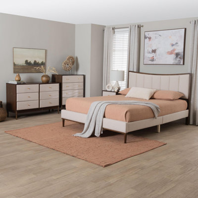 Allenport Baxton Studio Nikolai Mid-Century Channel Tufted Beige Fabric And Wenge Brown Wood 4-Piece Queen Bedroom Set by Latitude Run