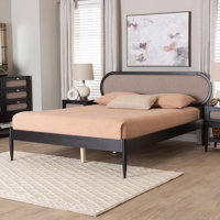 Euradell Baxton Studio Shirin Mid-Century Beige Fabric And Black Wood Queen Platform Bed