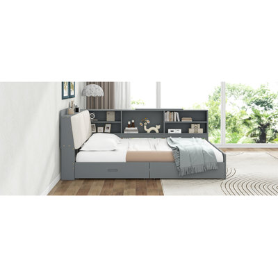 Wood Platform Bed With Storage Headboard, Shelves And 2 Drawers by Lark Manor
