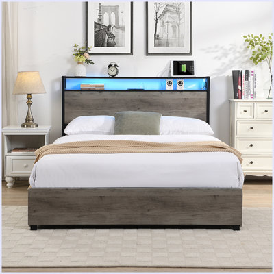 Bed Frame, Storage Headboard With Charging Station, Solid And Stable by 17 Stories