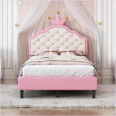 Lovely Crown Fantasy PU Leather Princess Bed With Tufted Headboard