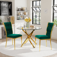 Glass Round Dining Table Set with Luxury Velvet Upholstered Dining Chairs by Mercer41
