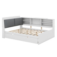Solid Wood Daybed Frame With Trundle, Upholstered Storage Headboard, Shelves And Rotatable Board