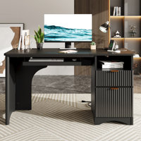 Labelle 55Inch Fluted Executive Desk with Power Outlet, Modern Computer Writing Desks with File Drawers, Home Office Desk with Keyboard Tray and Open by Steelside