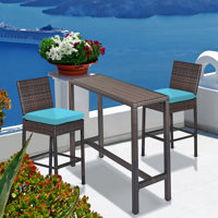 Outdoor Bar Set For Patio 3Pcs Outdoor Bar Table And Chairs Set All Weather Bar Height High Top Outdoor Table And Chairs Wicker Bar Stools Set Of 2 Ta by Latitude Run
