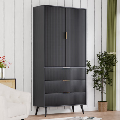 George Oliver 71" Tall Storage Cabinet, Accent Cabinet With Adjustable Shelves & Fluted Panel Design, Cupboard With 3 Drawers 2 Doors, Storage Cabinet