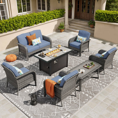 7 Piece Sofa Seating Group with fire pit and Cushions