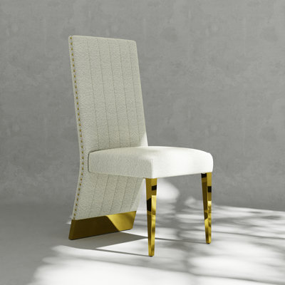 White And Gold Boucle Dining Chair With Nail Head Trims and Polished Gold Metal Legs