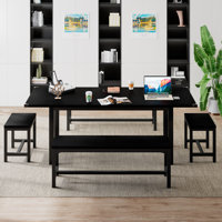 5-Piece Dining Table Set for 4-8 People, Extendable Kitchen Table Set with 2 Benches and 2 Square Stools, Mid-Century Dining Room Table , Saving Space by Ebern Designs