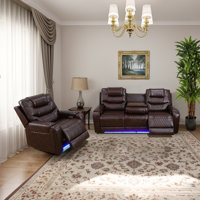 Electric Breathing Leather Living Room Recliner Set, Sofa & Chair by Ivy Bronx