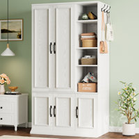 5-Door Wooden Wardrobe With Hanging Poles & 4 Open Storage Shelves, 70†Armoire For Hanging Clothes by Lark Manor