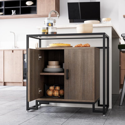 Wooden Sideboard Buffet Cabinet, Storage Cabinet With 2 Doors, Storage Space, Steel Frame And Tempered Glass Top by Mercer41