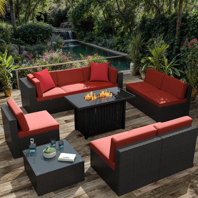 10 Pieces Rattan Patio Furniture Conversation Set with 43" Gas Propane 50000 BTU Fire Pit Table Outdoor Sectional Sofa for Backyard by Latitude Run