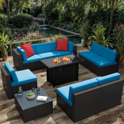 10 Pieces Rattan Patio Furniture Conversation Set with 43" Gas Propane 50000 BTU Fire Pit Table Outdoor Sectional Sofa for Backyard by Latitude Run