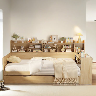 Multifunctional Modern Wooden Full Size Daybed With Storage Shelves, Study Desk And Twin Trundle Bed,