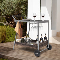 Outdoor 2-Tier Wicker Bar Cart On Wheels With Tempered Glass Board, Rattan Shelf And Powder-Coated Iron Frame, For Decoration And Storage, Gray by Winston Porter