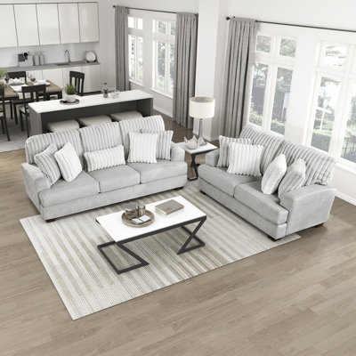 Seavey Modern & Contemporary Textured Microfiber and Corduroy 2-Piece Living Room Set with Reversible Cushions, Track Arms & 9 Included Decor Pillows