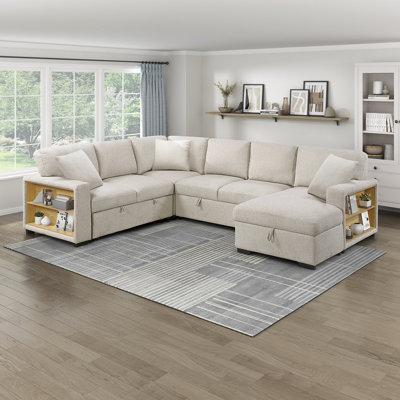 Meserve 121" Contemporary Square Arm Boucle Sectional with Pull-Out Bed