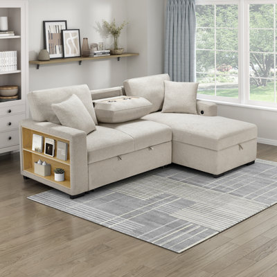 Meserve 92" Modern & Contemporary Boucle Fabric Sectional with Pull-out Bed, USB Charging Ports & Hidden Storage Chaise