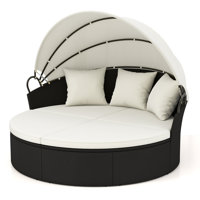 Patio Round Daybed Wicker Daybed w/ Retractable Canopy Separated Seating Sectional Sofa