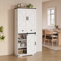 71.6”Farmhouse Kitchen Pantry Cabinet,with LED Light and  Charging Station by Gracie Oaks