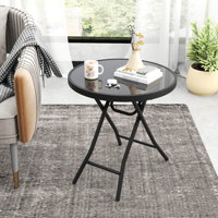 18" Folding Side Table Round Compact Coffee Table With Tempered Glass Tabletop Black by Winston Porter
