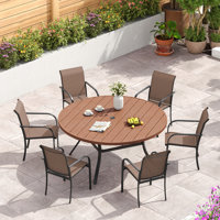 6-Person Patio Dining Set with 56" Round Faux Wood Dining Table and Textilene Armrest Chairs by Lark Manor