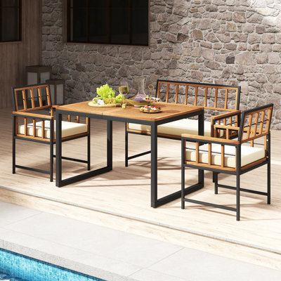 4 Pcs Acacia Wood Patio Dining Set W/ 1 Rectangular Table 1 Loveseat & 2 Armchairs by Bayou Breeze