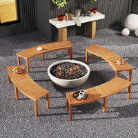 4 Pcs Outdoor Curved Bench With Slatted Seat Solid Acacia Wood For Yard by Latitude Run