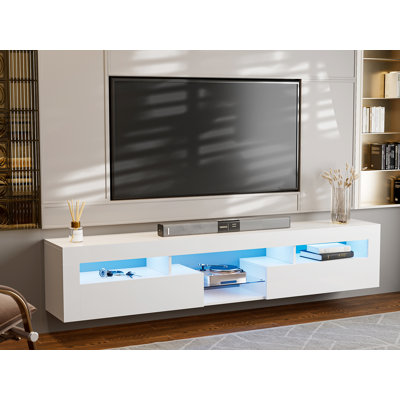 Ivy Bronx Led Floating Tv Stand For 85 Inch Tv, White High Glossy Wall Mounted Haning Tv Stand With 2 Cabinets And Glass Shelve, Modern Floating Enter by Ivy Bronx