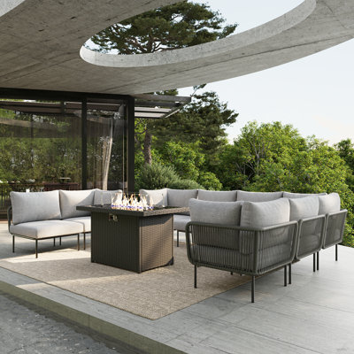 Ebern Designs 9 Pieces Aluminum Patio Furniture Set, Modern Modular Sectional Sofa with Fire Pit Table and Upgrade Thickness Cushion by Ebern Designs