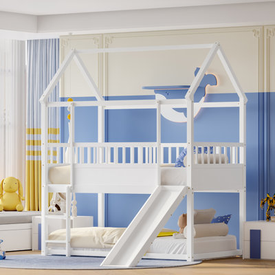House Bunk Bed With Convertible Slide And Ladder, Floor Bunk Bed Twin Over Twin With Safety Guardrail by Harper Orchard