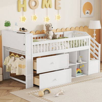 Twin Size Loft Bed With LED And Bookshelf, Wood Low Loft Bed With Stairs, Kids Twin Loft Bed With Storage Drawers And Shelves by Harriet Bee