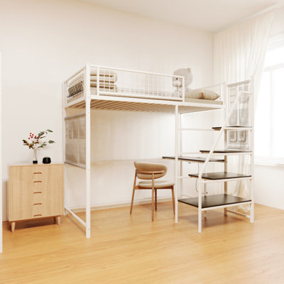 Twin Sized Loft Metal Bed With White For Bedroom And Dormitory, With Built-In Charging Station And LED Lighting by Mason & Marbles