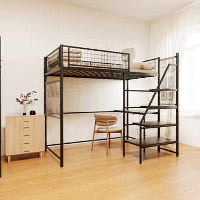 Twin Sized Loft Metal Bed With White For Bedroom And Dormitory, With Built-In Charging Station And LED Lighting by Mason & Marbles