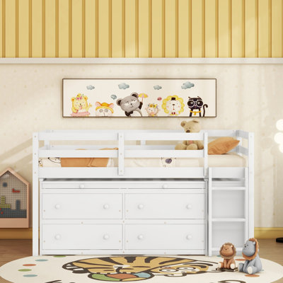 Loft Bed With Retractable Writing Desk And 4 Drawers, Wooden Loft Bed With Lateral Portable Desk And Shelves by Harriet Bee