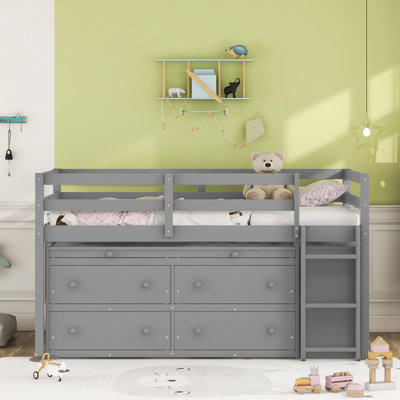 Loft Bed With Retractable Writing Desk And 4 Drawers, Wooden Loft Bed With Lateral Portable Desk And Shelves by Harriet Bee
