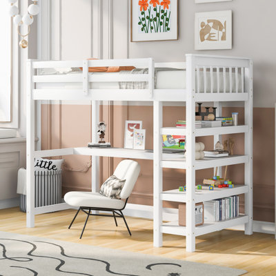 Loft Bed With Storage Shelves And Under-Bed Desk by Harriet Bee
