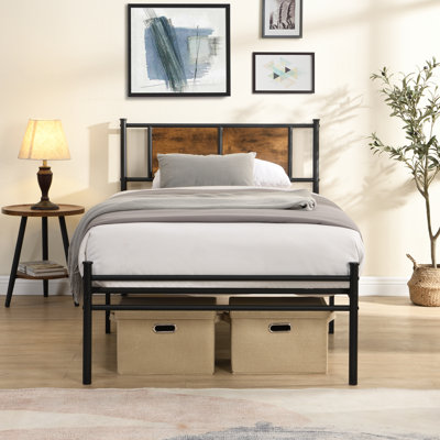 Metal Bedframe,Headboard With Wood Panel Decoration,Black