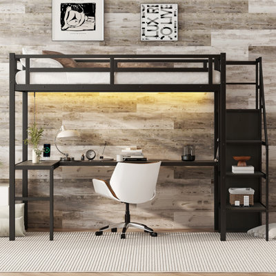 Loft Bed With L-Shaped Desk And USB, Metal Loft Bed With Wardrobe And Adjustable Shelf, High Loft Bed With LED For Kids Teens Adults, Black by Isabelle & Max