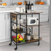 Kitchen Bakers Rack With Power Outlet, Microwave Stand With 3 Pull-out Fruit Basket Storage, Coffee Bar Carts Table On 4 Wheels, 6 S-hook Storage Shel by 17 Stories