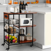 Kitchen Bakers Rack With Power Outlet, Microwave Stand With 3 Pull-out Fruit Basket Storage, Coffee Bar Carts Table On 4 Wheels, 6 S-hook Storage Shel by 17 Stories