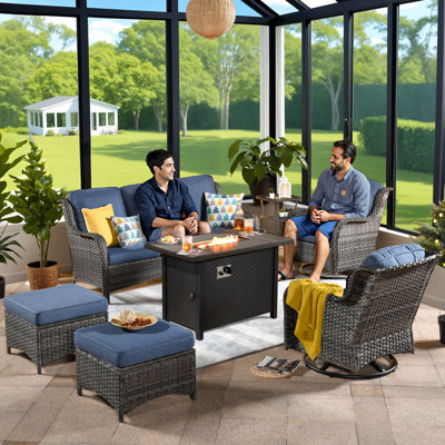 Outdoor 7 Piece Patio Furniture With Fire Pit Table,wicker Conversation Set With Swive Chairs, Comfy Deep Sofa With Ottoman For Outside Porch Balcony by Lark Manor
