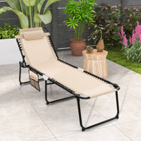 Patio Folding Chaise Lounge Portable Lay Flat Reclining Chair w/ 4-Level Backrest Side Pocket
