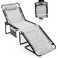 Patio Folding Chaise Lounge Portable Lay Flat Reclining Chair w/ 4-Level Backrest Side Pocket