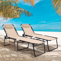 2 PCS Patio Folding Chaise Lounge Portable Lay Flat Reclining Chair w/ 4-Level Backrest Side Pocket by Arlmont & Co.