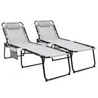 2 PCS Patio Folding Chaise Lounge Portable Lay Flat Reclining Chair w/ 4-Level Backrest Side Pocket by Arlmont & Co.