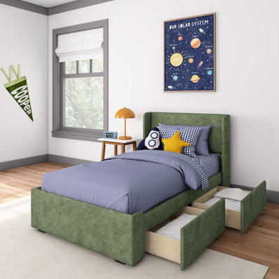 Solid Wood Upholstered Bed with Rectangular Headboard with 2 Drawer Side Storage by Latitude Run