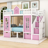 Kinnsley Wooden Playhouse Bunk Bed With Storage Drawers, Transformable Lower Bunk Into Desk by Harriet Bee
